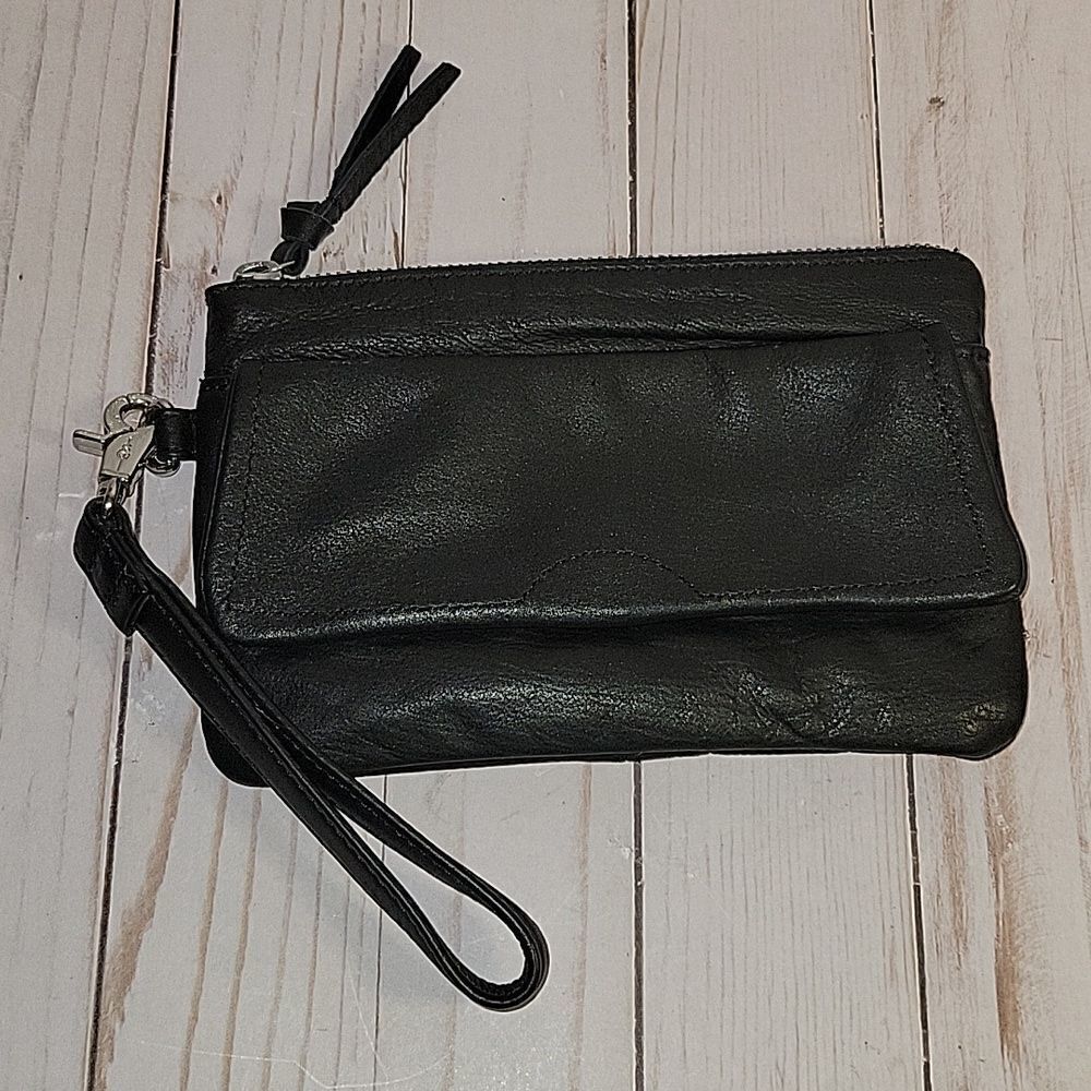 DAY & MOOD PINE CLUTCH BLACK DISTRESSED LEATHER CLUTCH WRISTLET BAG